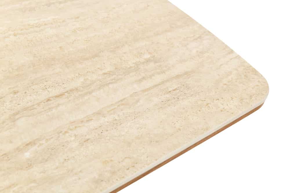Design Esstisch UNIQUE 200cm natur braun Travertin Keramik Eichenholz Säulenfuß
