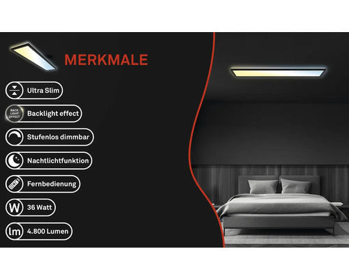 Dimbaar LED-paneel, 36W, 4800 lm, CCT verstelbaar, wit, 20x98 cm, slank, zwart + afstandsbediening + achtergrondverlichting + nachtlampfunctie
