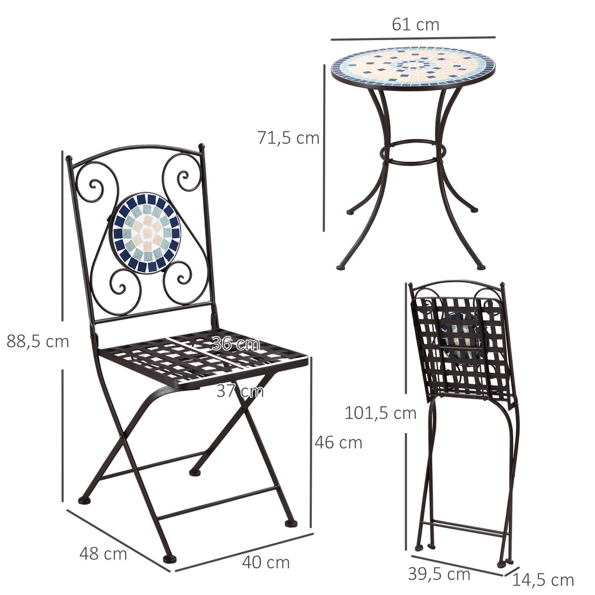 Outsunny 3-delige tuinmeubelset, inclusief 1 tafel, 2 klapstoelen met mozaïektegels, 61L x 61B x 71,5H cm, metaal, blauw+groen+geel