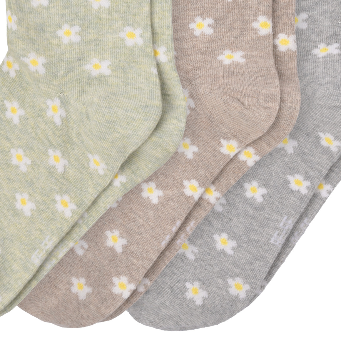 Gina Benotti 3 Paar Damen Socken mit Blümchen-Allover hellgrün / hellbraun / hellgrau