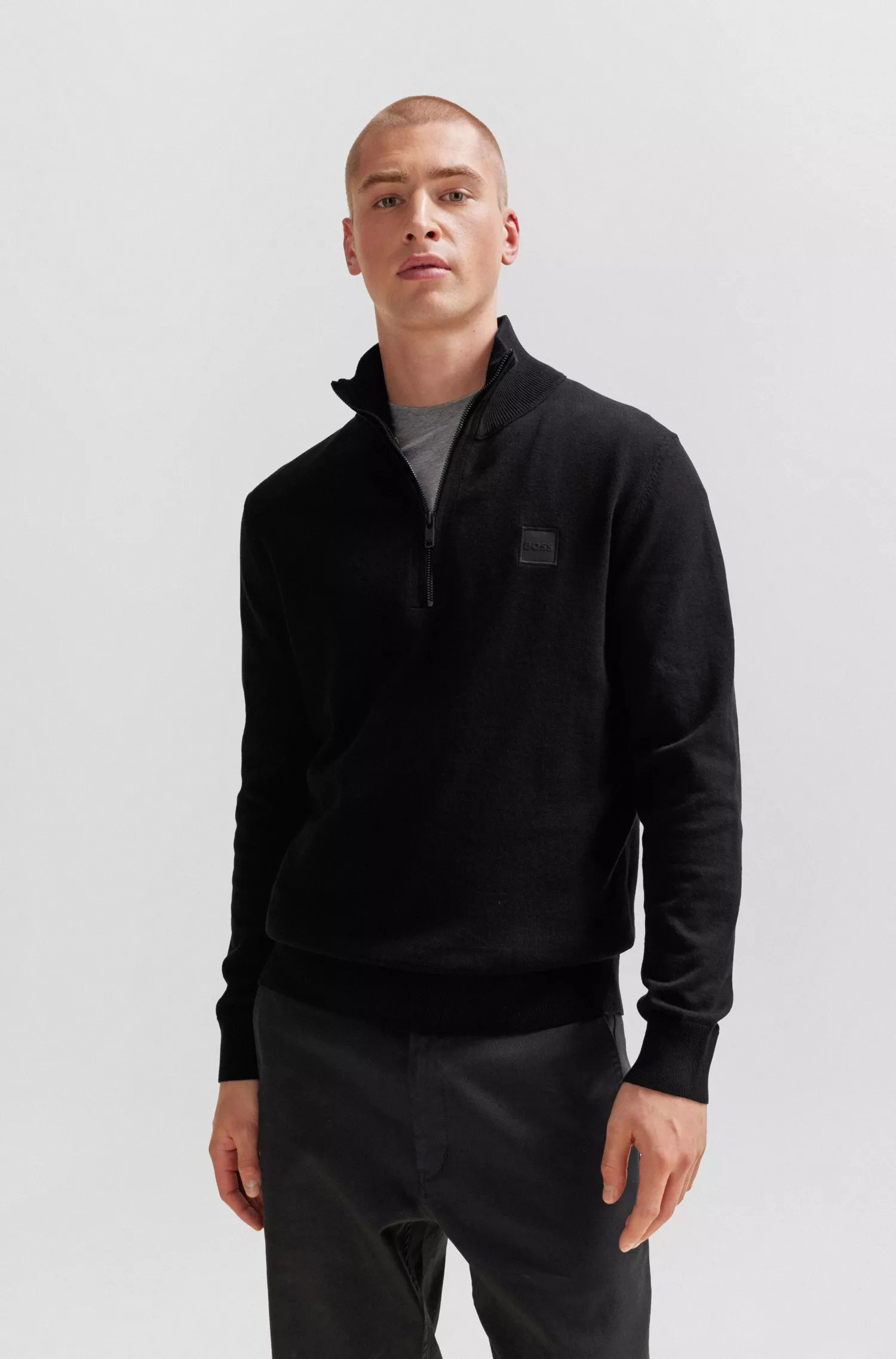 Suéter de malha BOSS laranja com zíper no pescoço, em algodão e cashmere.