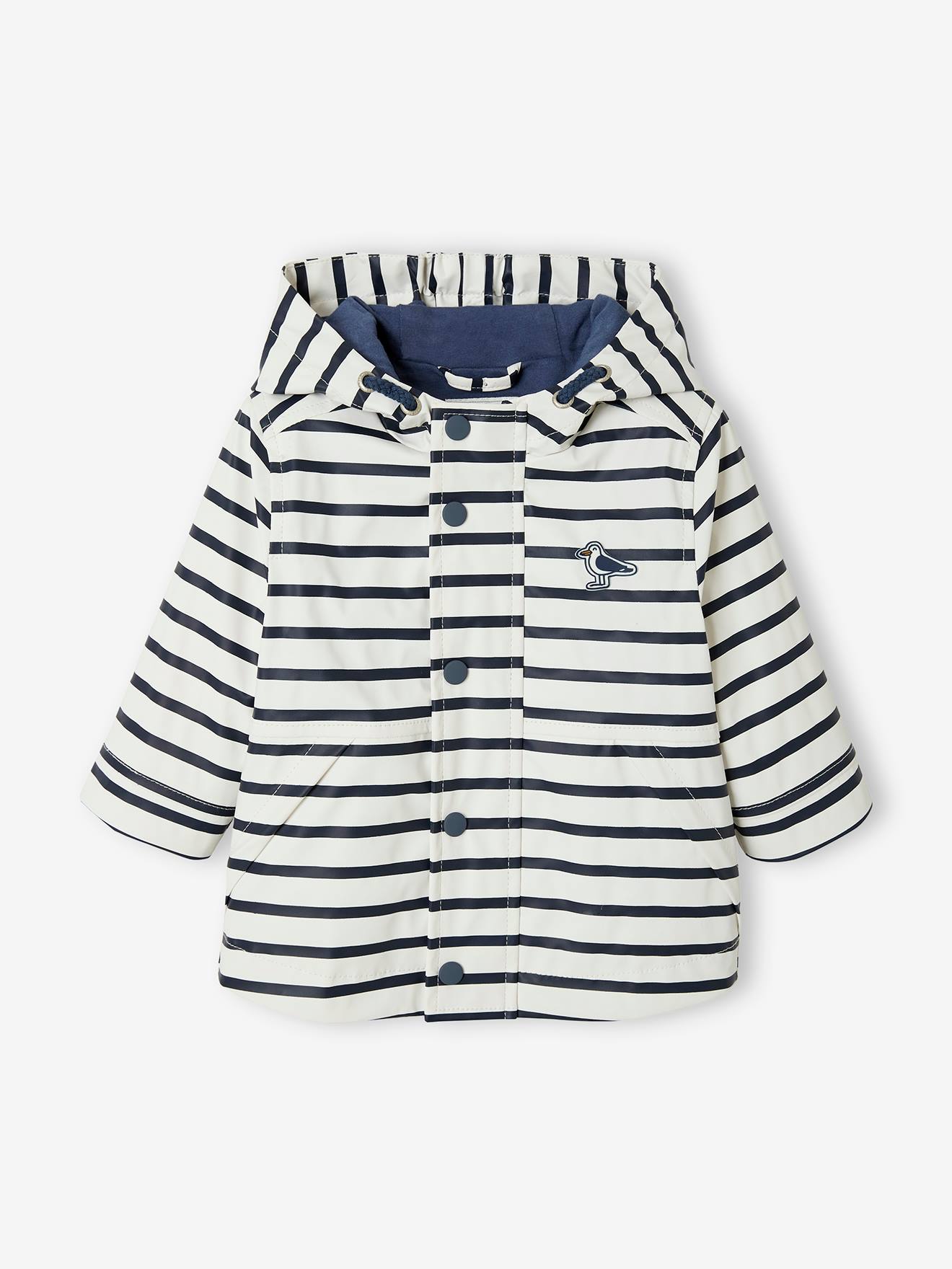 Capa de chuva estilo marinheiro com forro e capuz, para bebê, branca clara com listras.