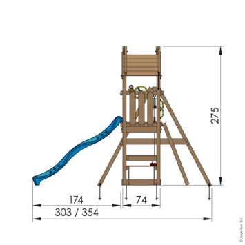 Speeltoestel Jungle Gym Totem met blauwe glijbaan en dubbele schommel van grenenhout