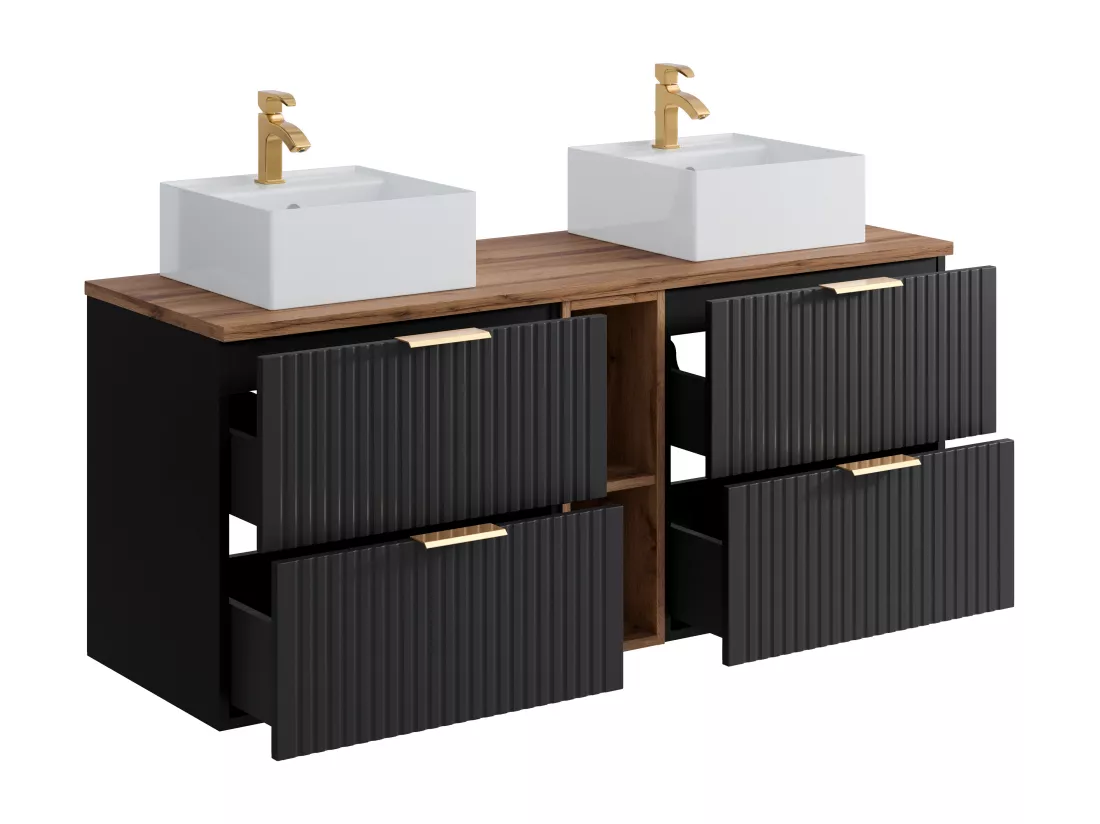 Meuble de salle de bain suspendu strié avec niches et double vasque à poser carrée - Noir et naturel clair - L140 cm - ZEVARA
