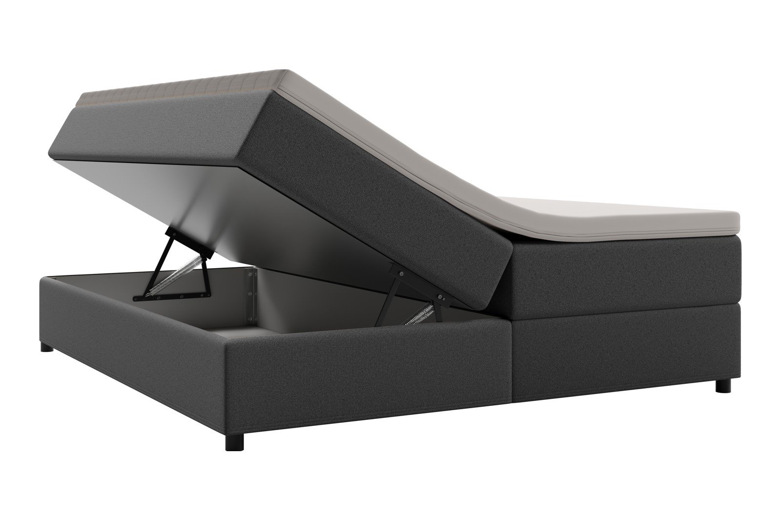 Premium 10 oppbevaringsseng 180x200 cm Magasinseng med oppbevaring, åpnes fra siden. I tekstil terranova 9 grå, med fast fasthetsgrad og premium 10 overmadrass,sorte ben. Sengegavl selges separat.