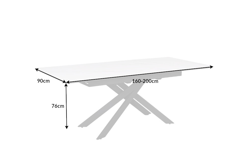 Ausziehbarer Esstisch ALPINE 160-200cm weiß Keramik Marmor schwarzes Metallgestell