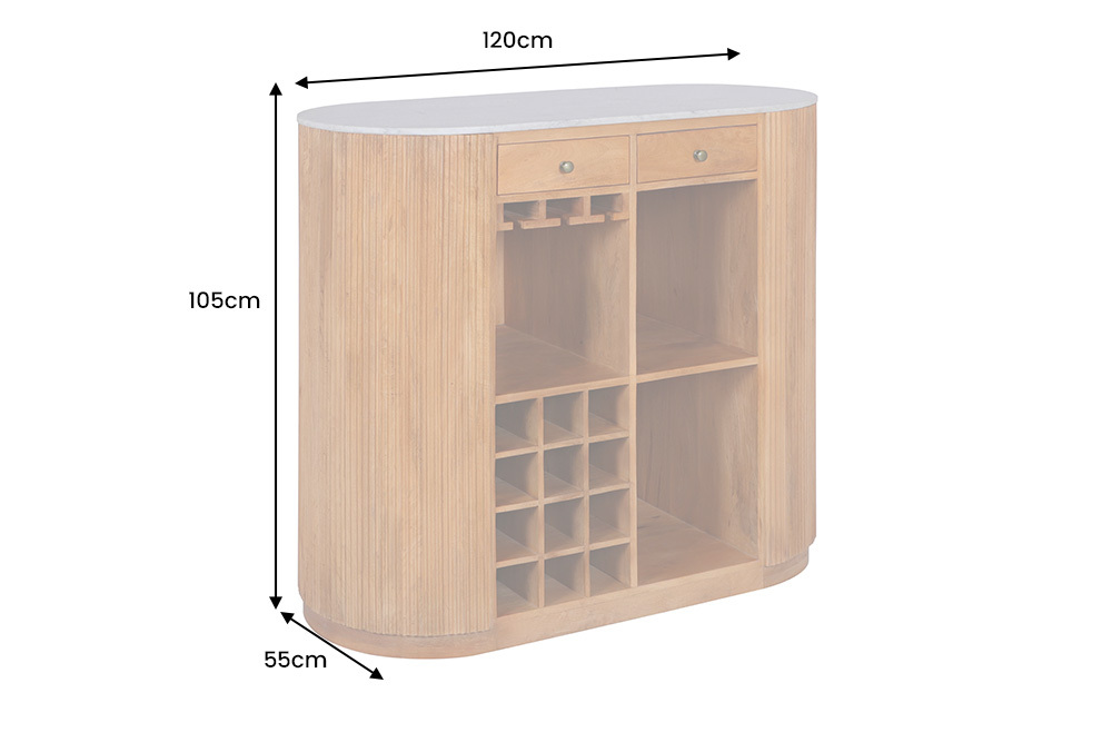 Massiver Bartisch TRES CHIC 120cm braun Mangoholz weiß Marmor mit Flaschenregal