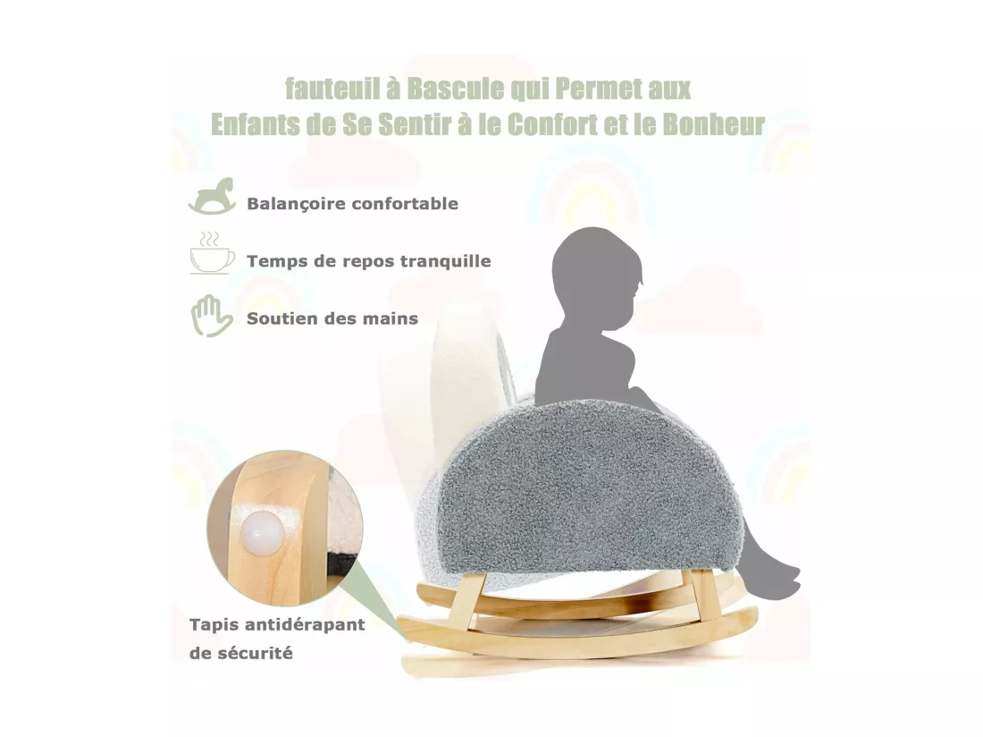 Fauteuil à Bascule Enfant en Peluche avec Dossier & Accoudoirs Confortable, Chaise à Bascule en Bois avec Joli Motif Arc-en-Ciel, Charge 50kg pour Garçon Fille de 3-5 Ans, Gris