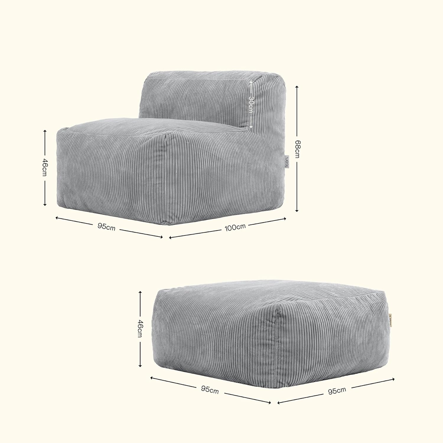 Icon Zen Sitzsack und Hocker, Modular Sofa für Erwachsene, Grau, Flauschiger Cordstoff, Ecksofa, Bequemer Bean Bag Sofa mit Schaumstoff Füllung, Relaxsessel, Lounge, Wohnzimmer Möbel