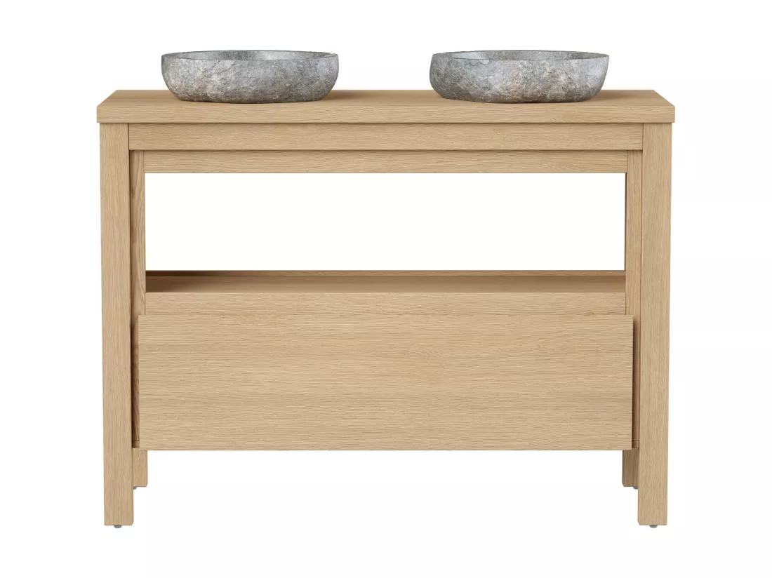 Meuble de salle de bain avec vasque à poser en pierre - Placage chêne - 120 cm - COSMOTI