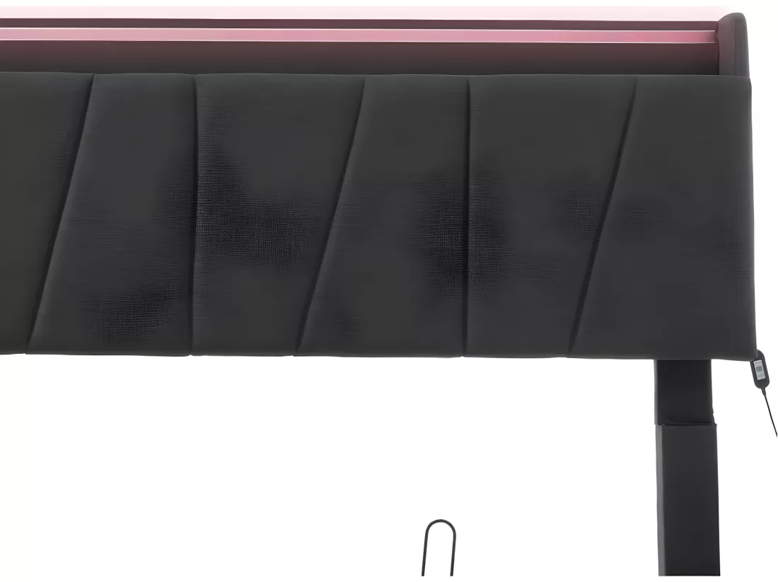 Lit coffre 160x200cm - avec LED et ports de chargement - tissu en lin - Gris