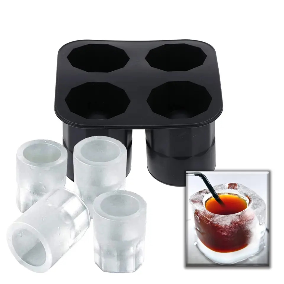 (100x53mm) 4-fach Silikon Eiswürfel Shot Glas Gefrorenes Party Schnaps Glas - Schwarz