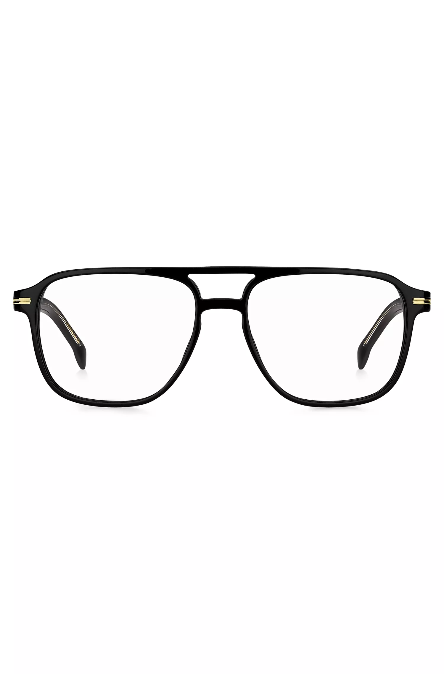 Armação de óculos BOSS em acetato preto com detalhes dourados exclusivos.