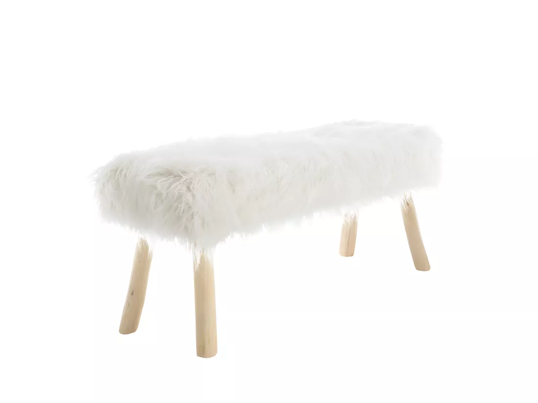 CHARLES - Banc 120x40cm peau de mouton couleur ivoire pieds bois naturel