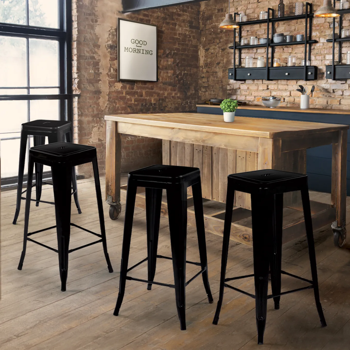 Lot de 4 tabourets de bar LENY métal noir mat empilable aspect brut factory