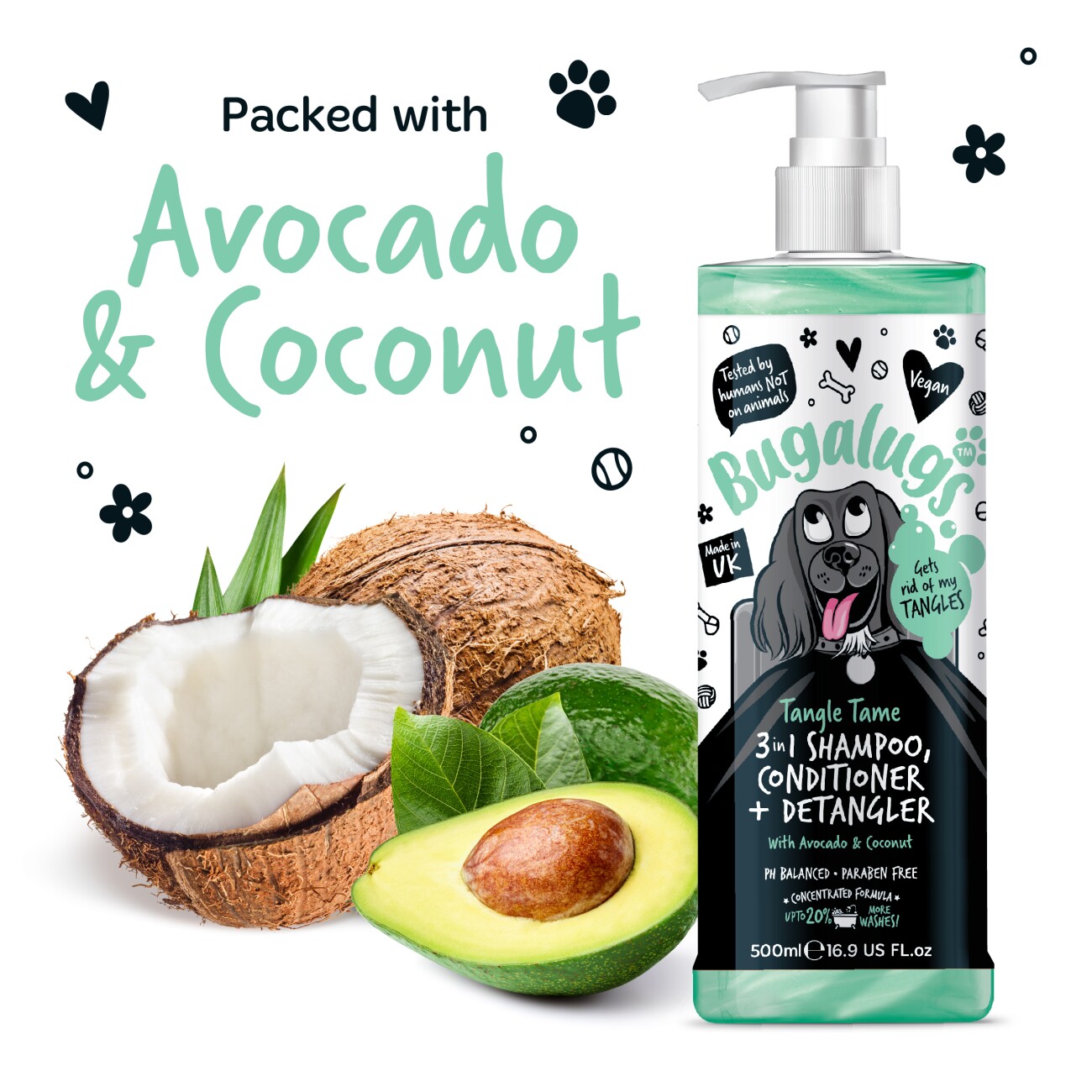 Bugalugs Tangle Tame 3-in-1 – Shampoo, Conditioner & Entfilzer mit Avocado & Kokosnuss