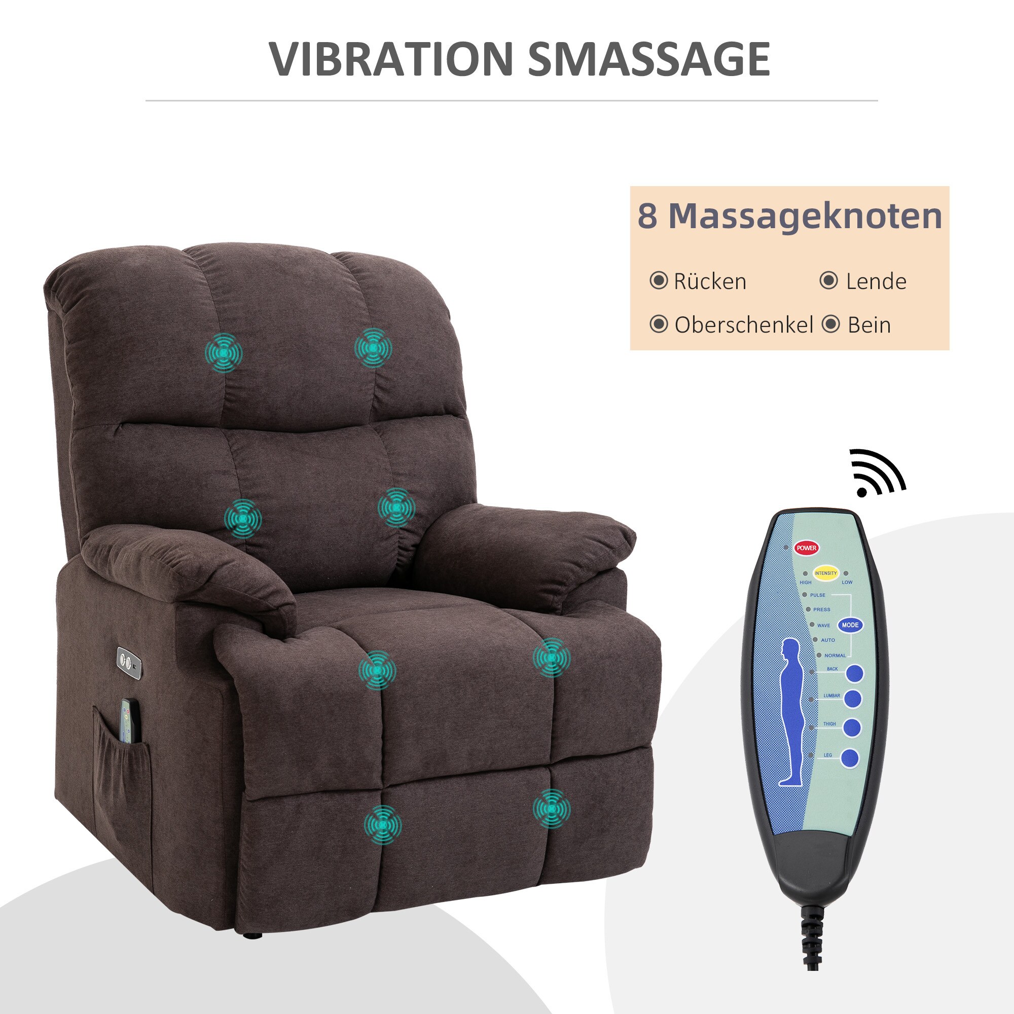 HOMCOM Sessel mit Aufstehhilfe, Liegefunktion und 8 Vibrationsmassagepunkten 83L x 95B x 105H cm