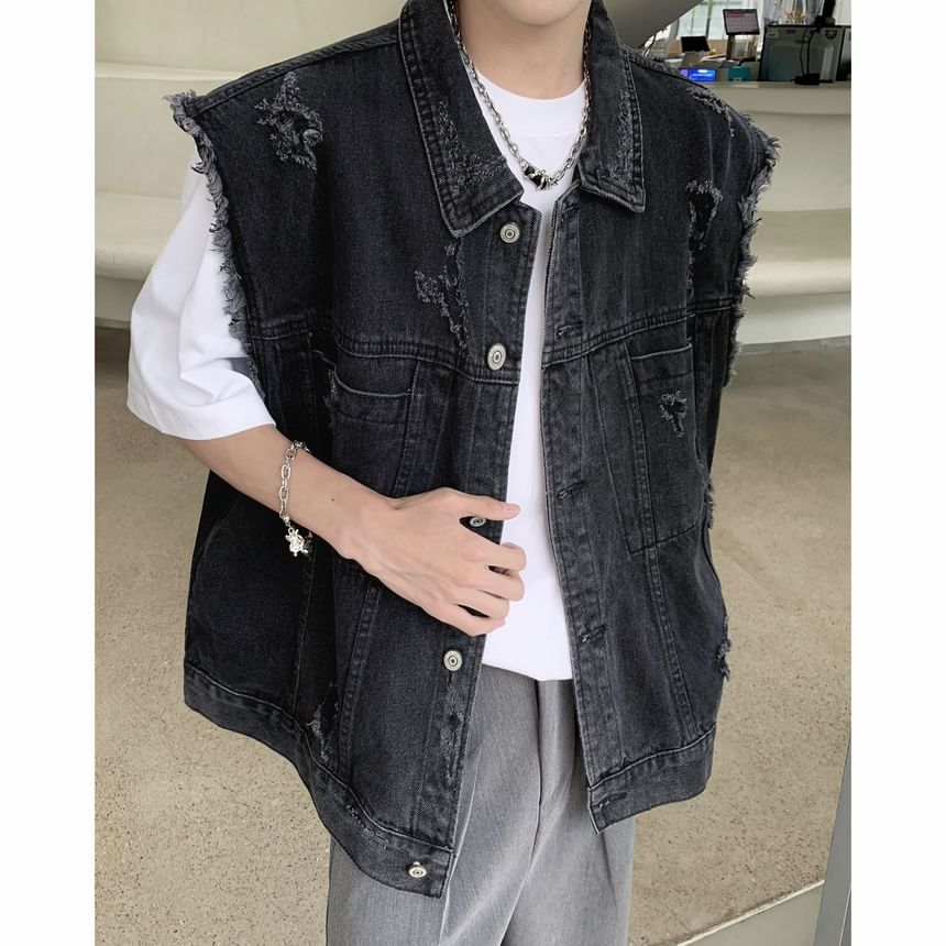 Hushgrain - Vest met kraag, gewassen denim en knopen