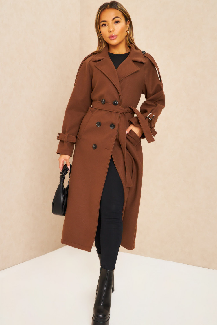Manteau long duveteux style trench marron