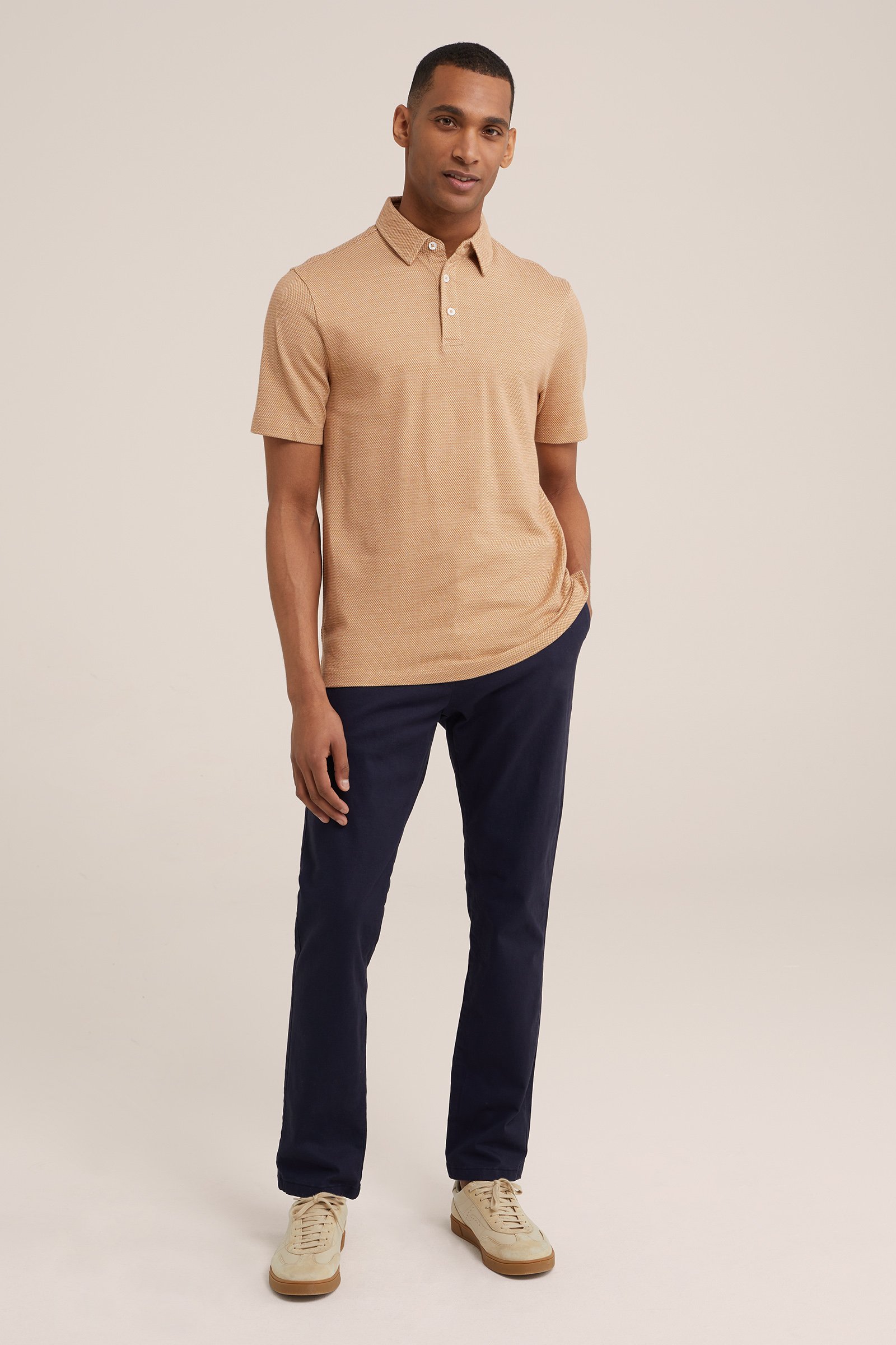 polo met jacqaurd-dessin WE Fashion Lichtbruin