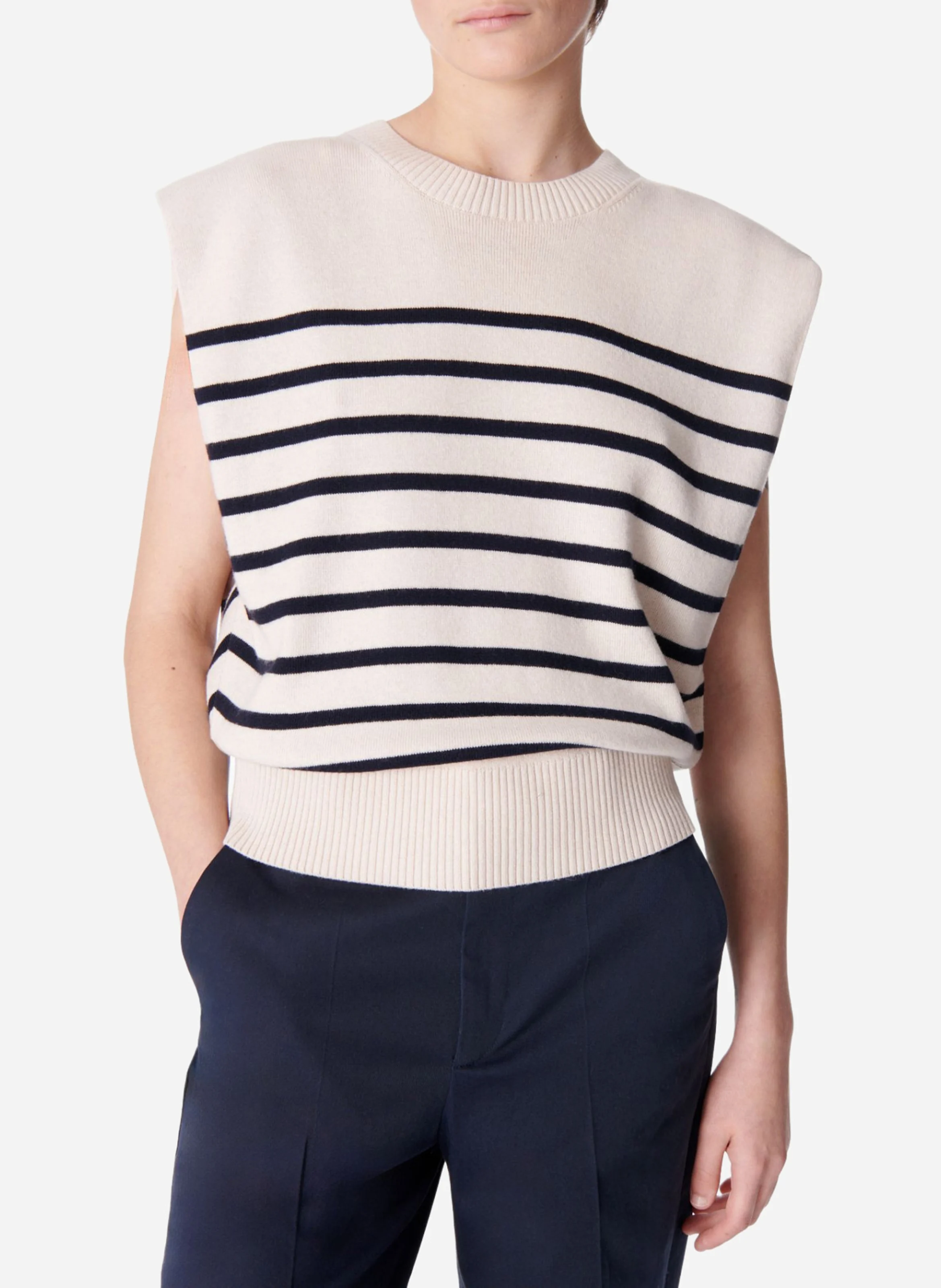 CASSANDRA - Pull col rond droit sans manches en coton et laine mélangé | Bleu