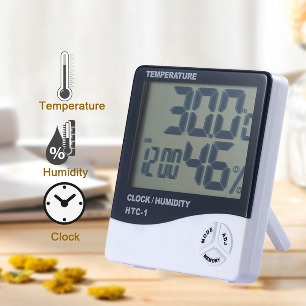 Digital LCD Indoor Uhr mit Thermometer Hygrometer Feuchtigkeitsmesser (Batteriebetrieben) - Weiss
