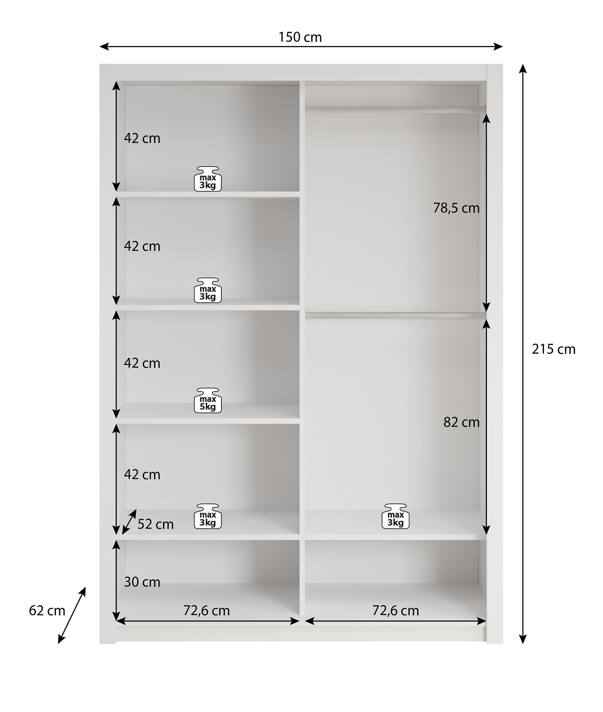 Blake - Kledingkast met spiegel - Wit - 150x62x215 cm