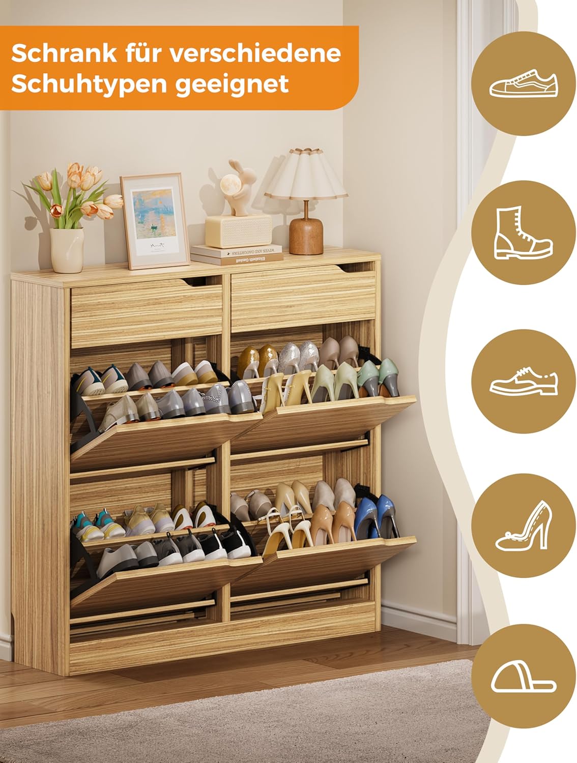 IRONCK Schuhschrank mit 4 Klappen, Schuhkipper Schmal mit 2 Schubladen, freistehendes Schuhregal, Schuhkommode mit verstellbaren Trennwände, Schuhablage Schrank für Flur Eingang und Wohnzimmer (Holz)