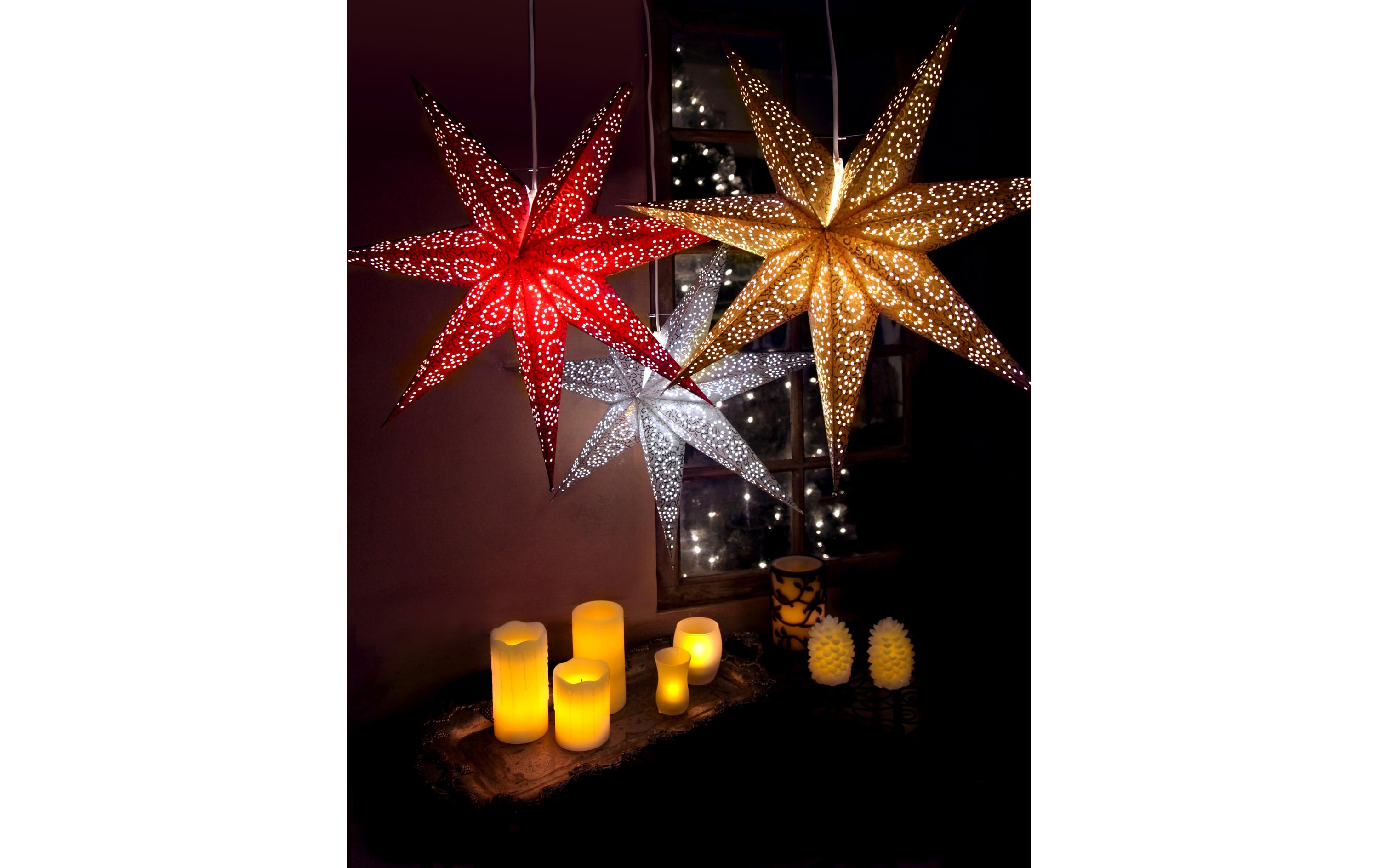 LED-Stern Antique 60 cm, RotLeuchtender Papierstern mit Lochmuster