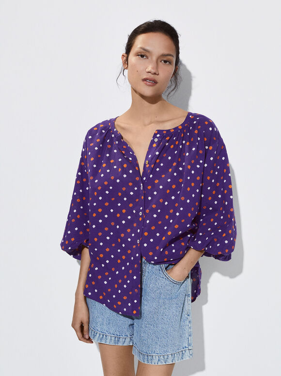 Camisa estampada com mangas bufantes - Violeta