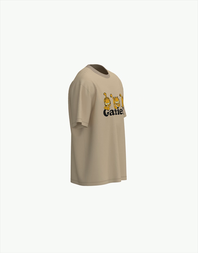 Camiseta de manga curta com estampa do Garfield e modelagem quadrada.