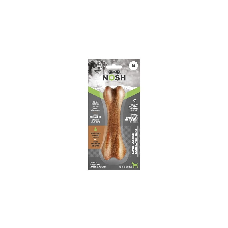 Brinquedo para mastigar Zeus Nosh Wood para cães, em formato de osso, feito de nylon e madeira, 15 cm