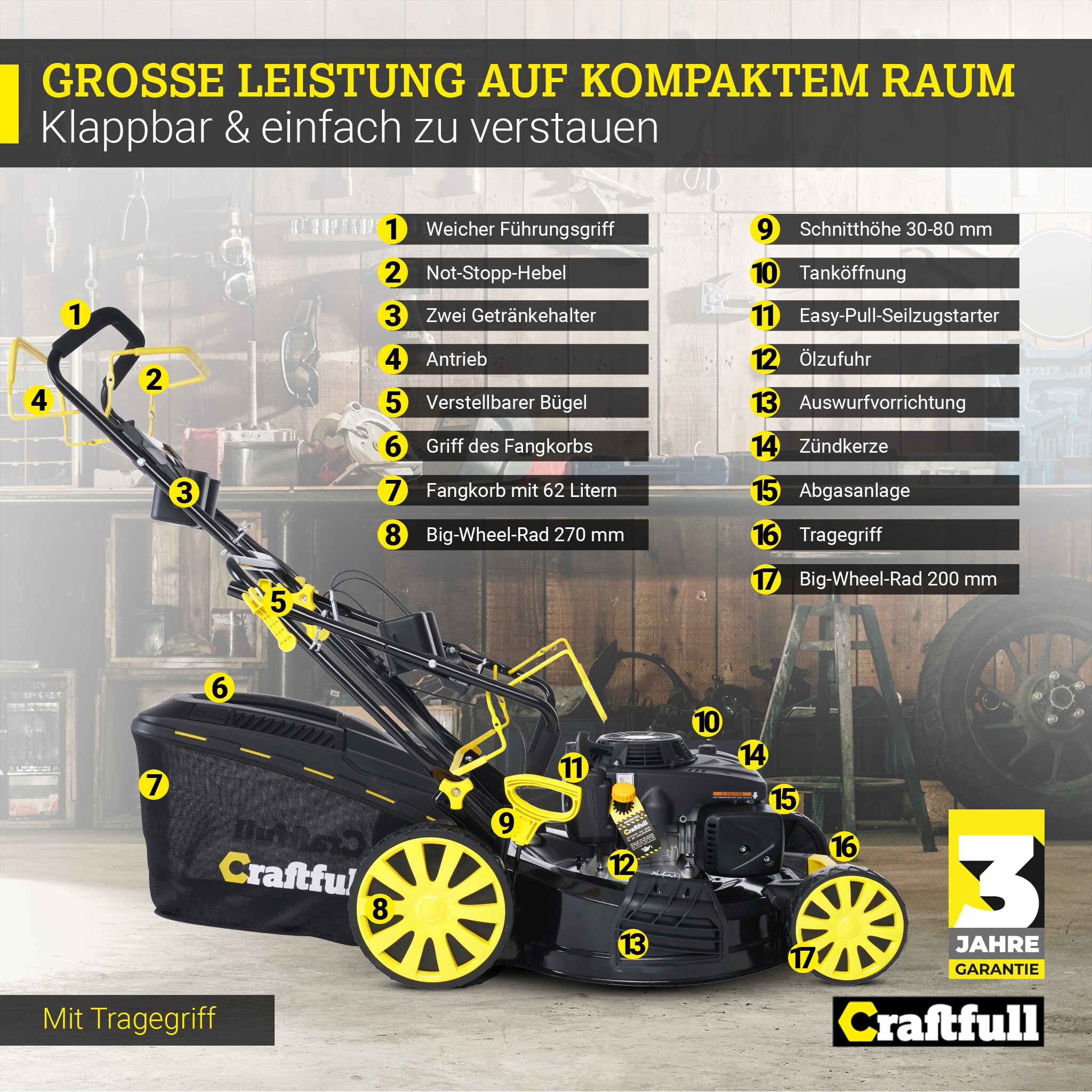Craftfull Premium Benzin-Rasenmäher CR-224-20, 5in1, 224cc-Motor, 5,2 kW, GT-Markengetriebe, Euro 5