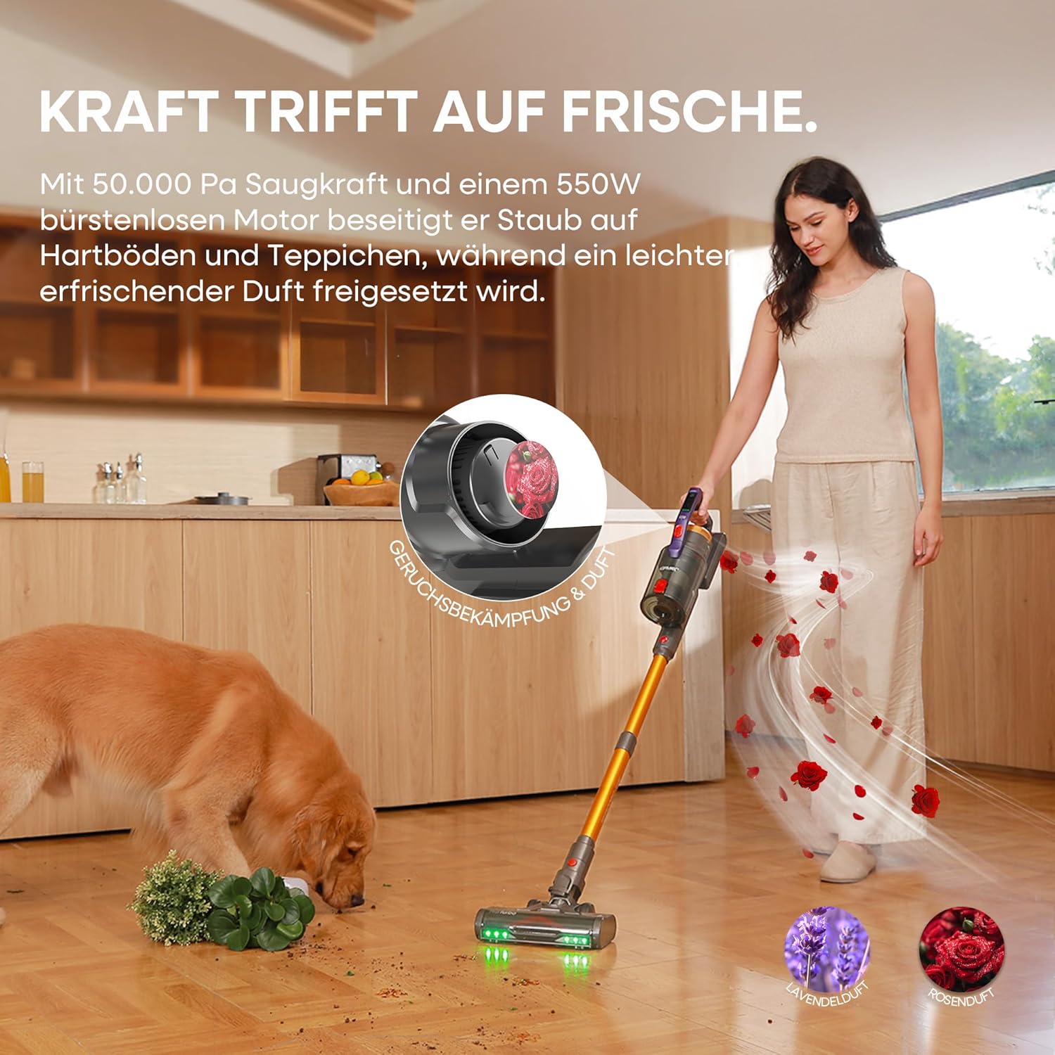 KIPMAX Akku Staubsauger 50000Pa/550W/70Min,1.5L Staubsauger Kabellos mit Display,Anti-Tangle-Bürste,7-Schicht-Filtra & 2 Duftplatten,Selbststehend Akkustaubsauger für Teppiche/Tierhaar/Hartböden