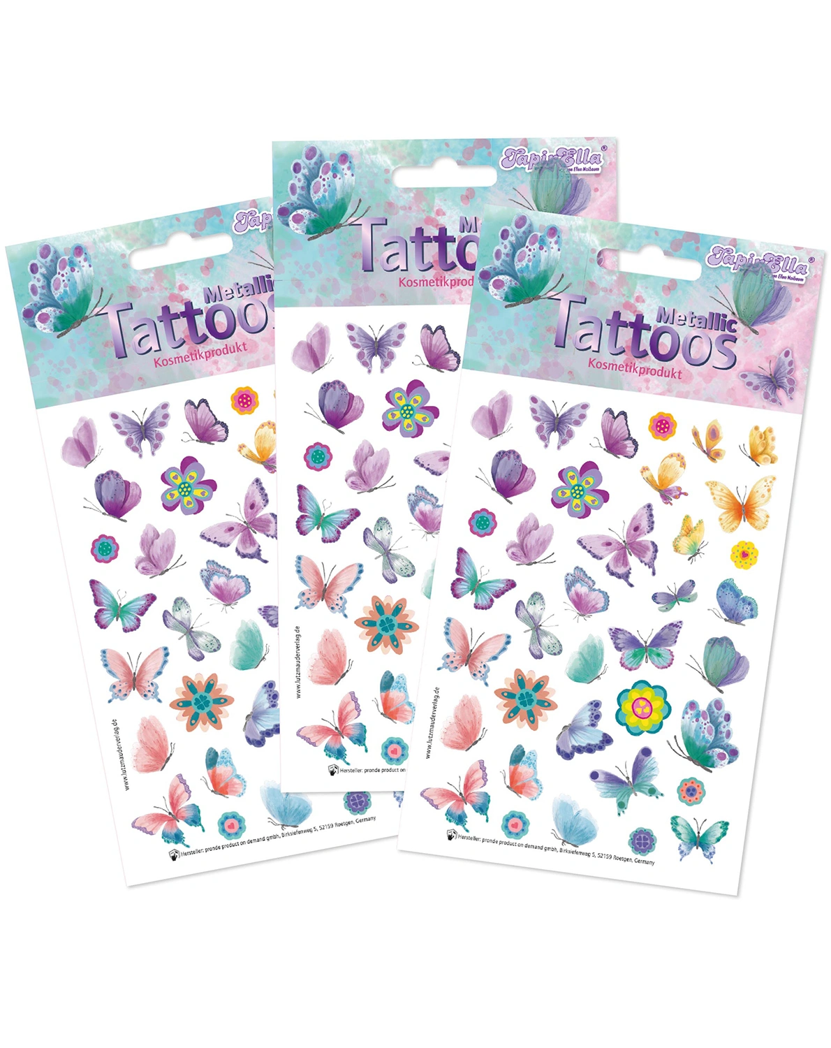 Klebetattoo-Bogen TAPIRELLA - METALLIC SCHMETTERLINGE (A6) 3er Set
