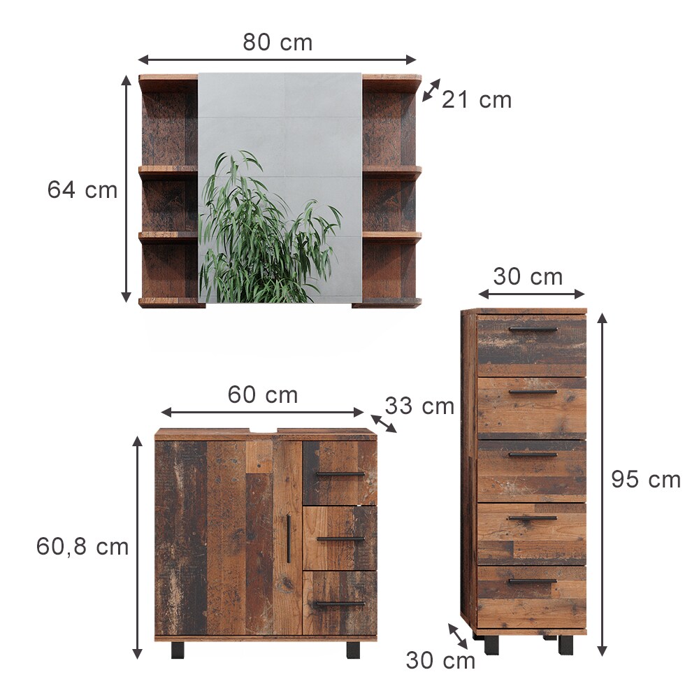Vicco Badmöbelset Ilias Old Style modern Badezimmerschrank Badschrank Badezimmermöbel Waschtischunterschrank Waschbeckenunterschrank Spiegelschrank Schranktür Schrankfach Schrankschublade