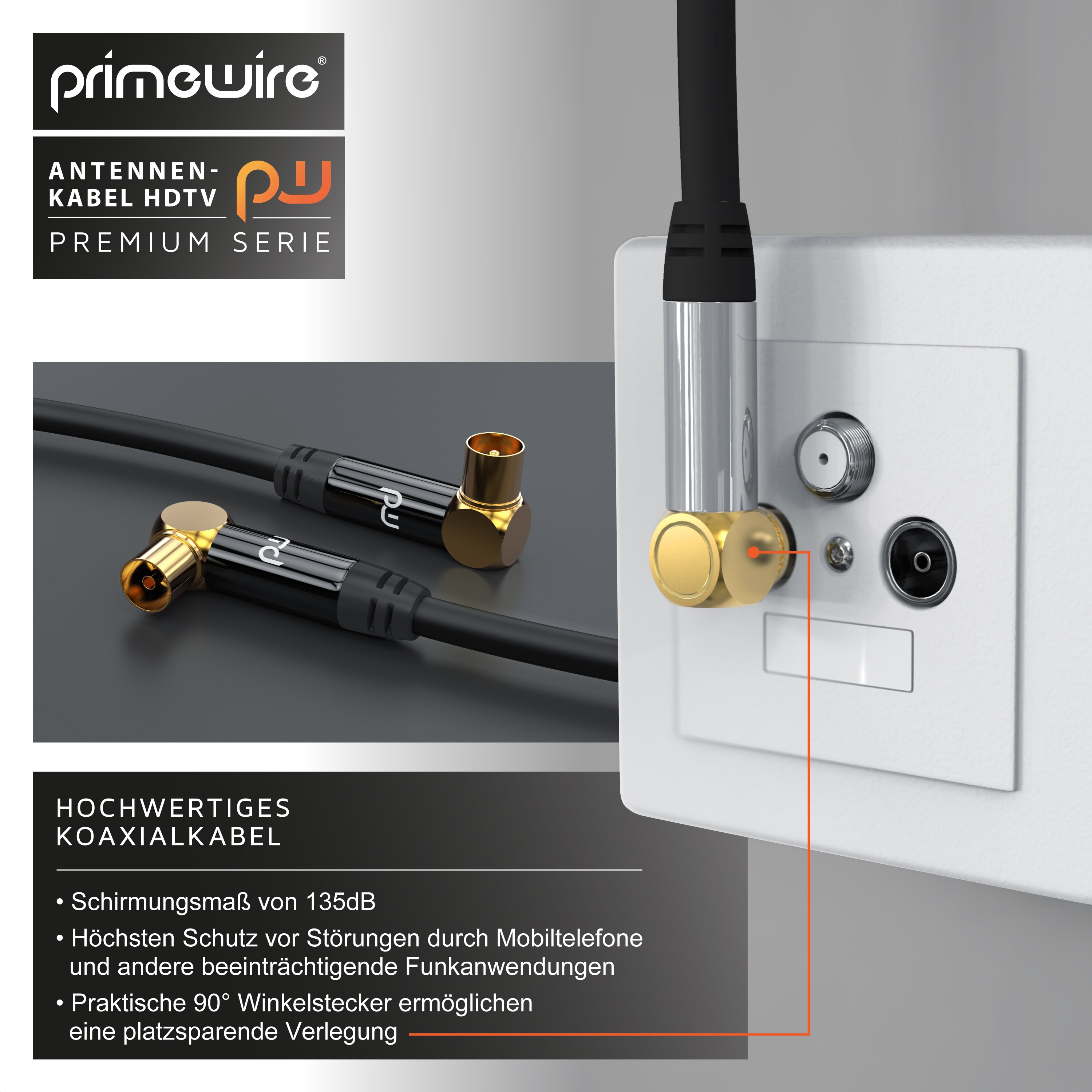 Primewire Antennenkabel 90° gewinkelt, Koax, TV-Kabel, RF, IEC, HDTV, 4-fach Schirmung, 75 Ohm, 120dB - 2m
