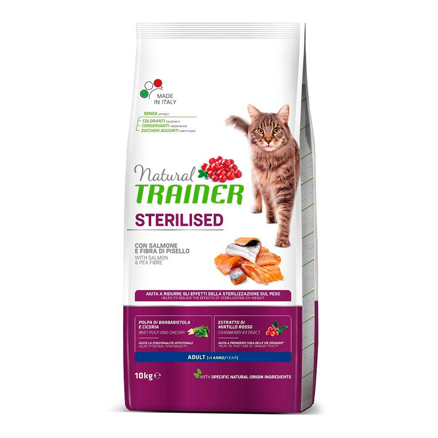 Ração para gatos adultos Natural Trainer, 1,5 kg, esterilizada, com salmão.