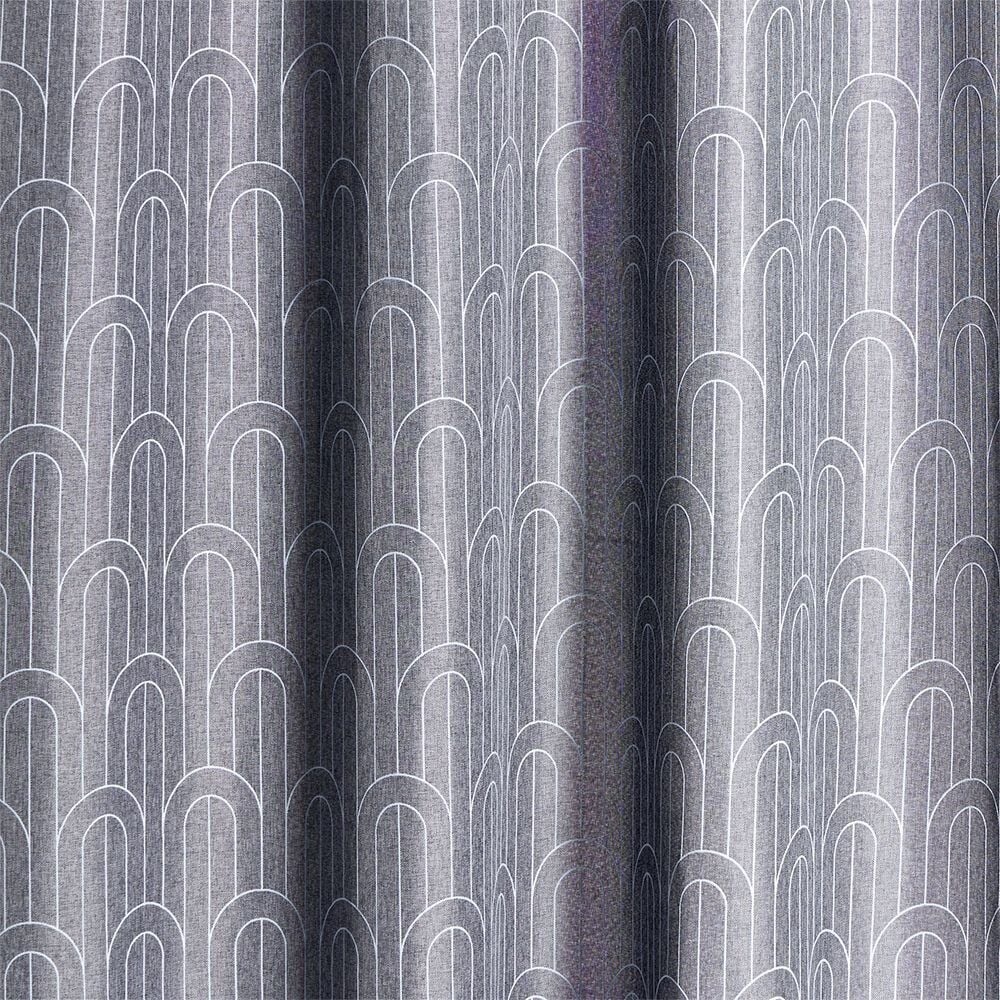 Rideau à oeillets effet lin gris motif géométrique blanc 140x240cm