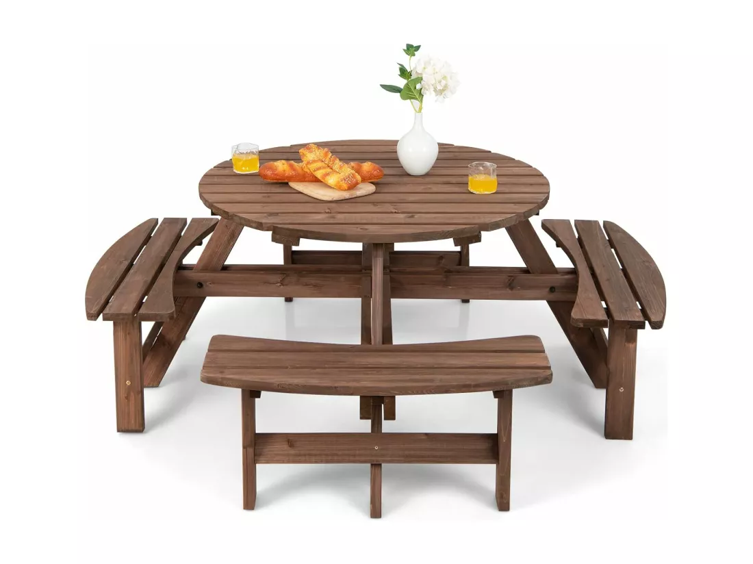 Ensemble Table de Pique-Nique en Bois avec Trou de Parasol, Set Table et Banc Jardin Résistant aux Intempéries Chaque Banc Charge 225 KG pour 8 Personnes, pour Patio Pelouse
