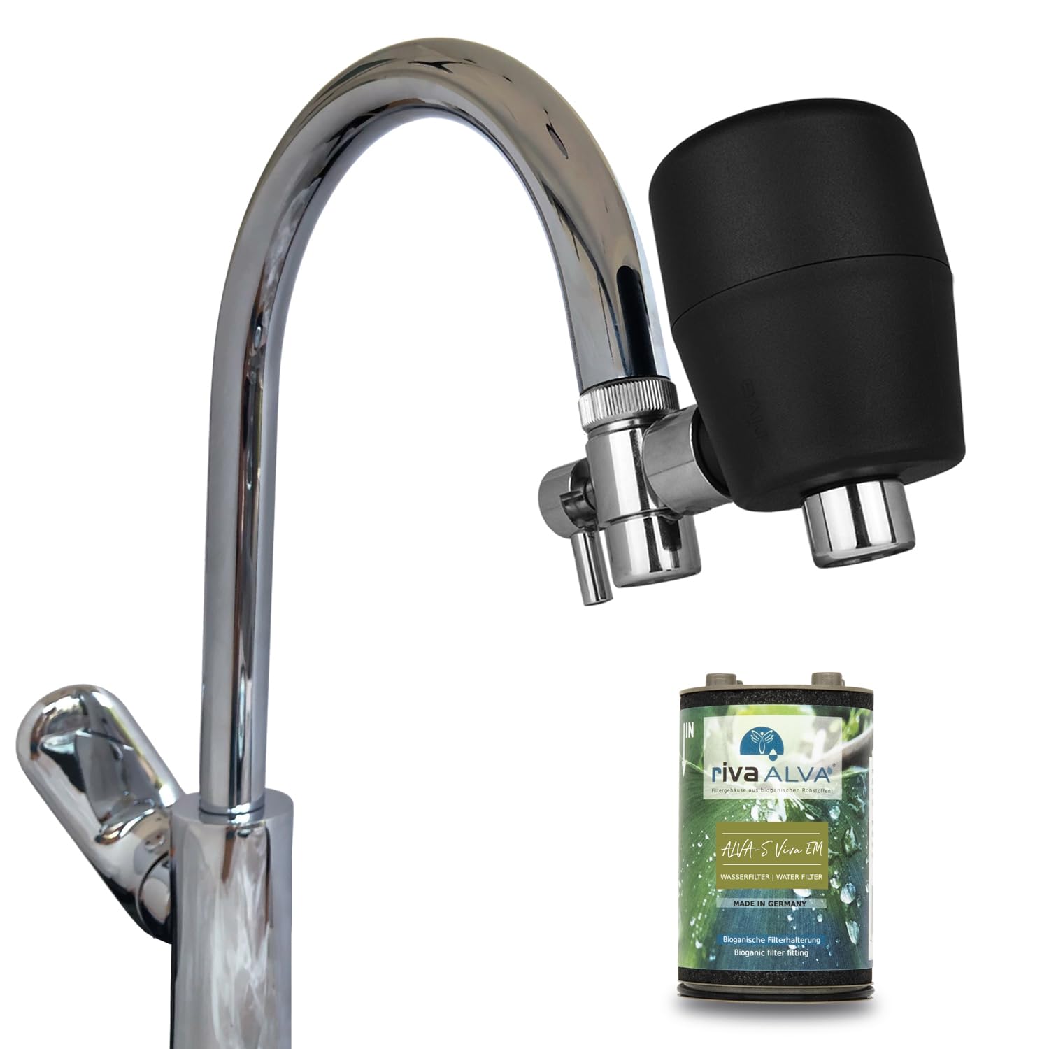 S Viva EM Wasserhahnfilter schwarz - Wasserfilter mit Blockaktivkohle und EM Keramik, Schadstofffilter und Wasservitalisierung für Kalt- & Warmwasser