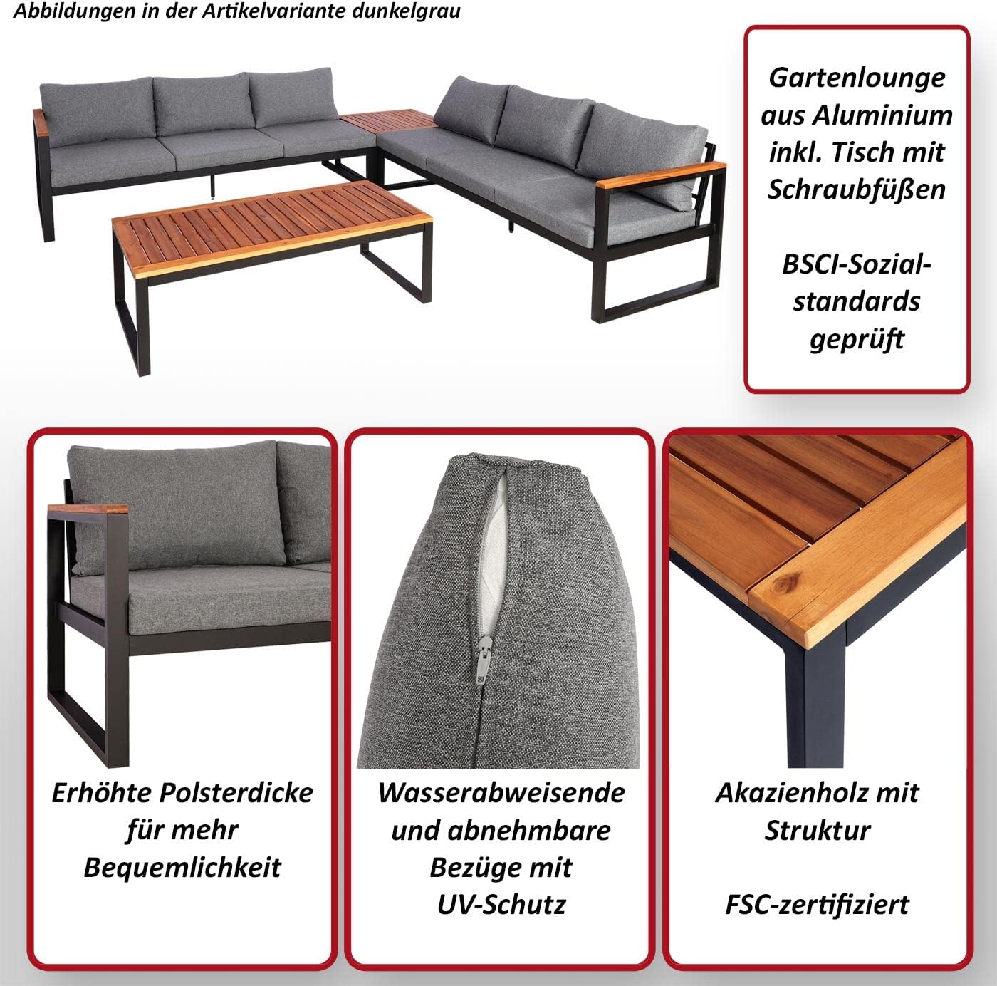 Mendler Garten-Garnitur HWC-L26, Gartenlounge Lounge-Set Sitzgruppe Sofa, Metall Akazie Holz MVG-Zertifiziert - hellgrau