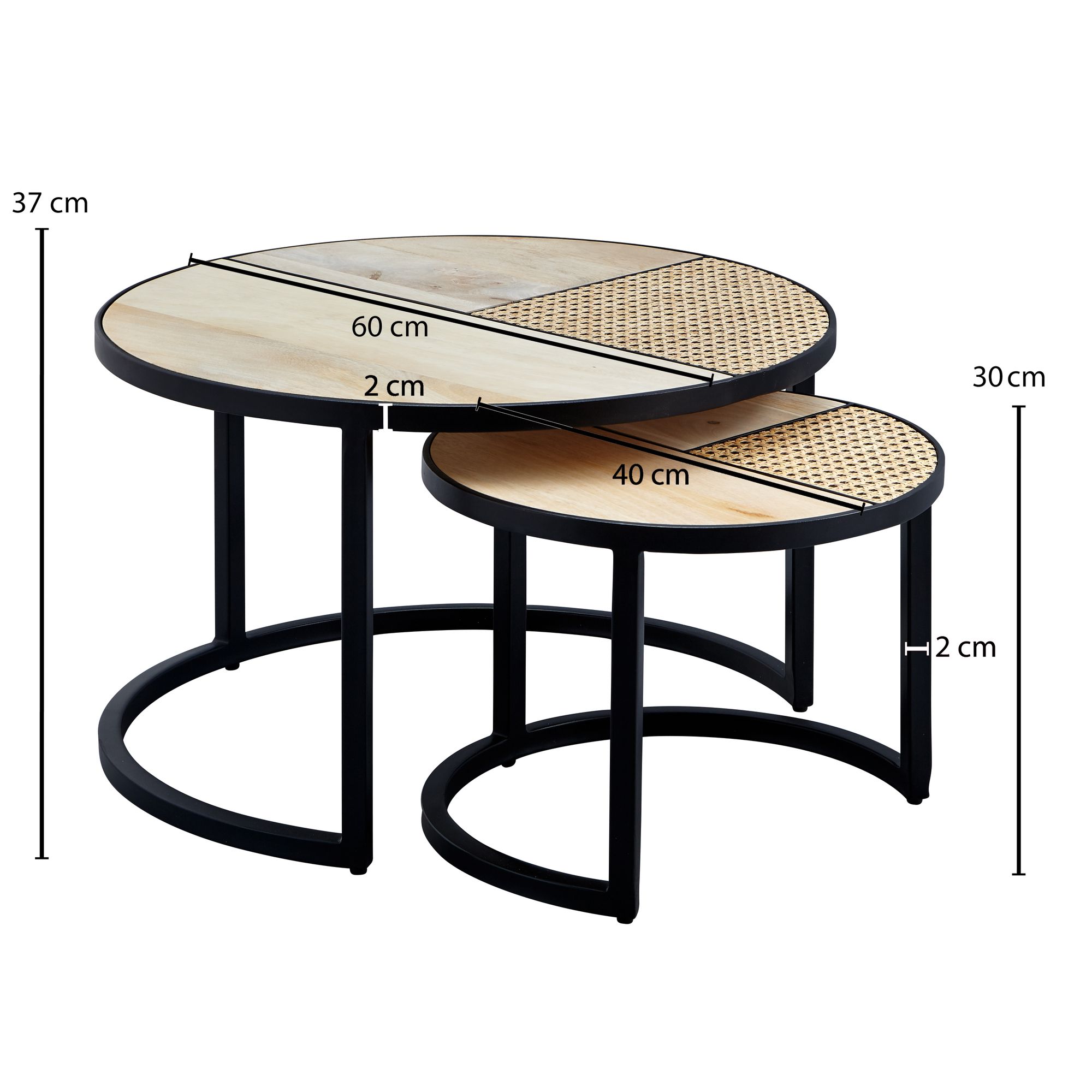 FineBuy Couchtisch Massivholz Wohnzimmertisch 2 teilig Rund Wiener Geflecht Set
