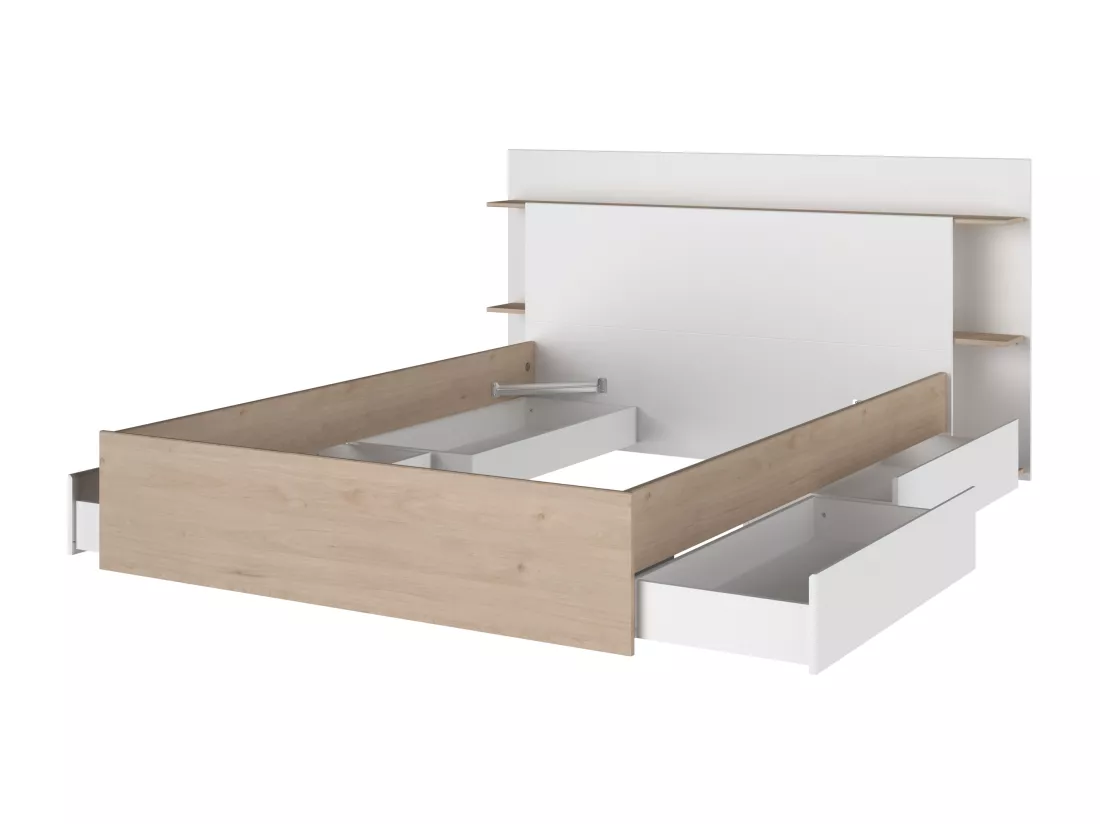 Lit 140 x 190/200 cm avec 4 tiroirs - Coloris : Naturel et blanc + Sommier + Matelas - TILONIDE