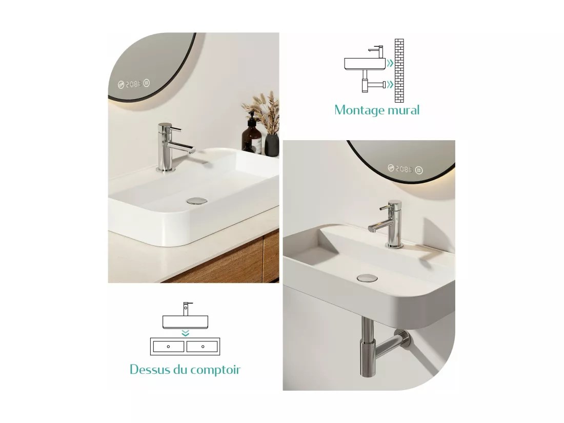 EMKE Vasque à Poser en céramique 50×40×11cm, Lavabo rectangulaire avec robinet trou prépercé, Lavabo à poser blanc brillant