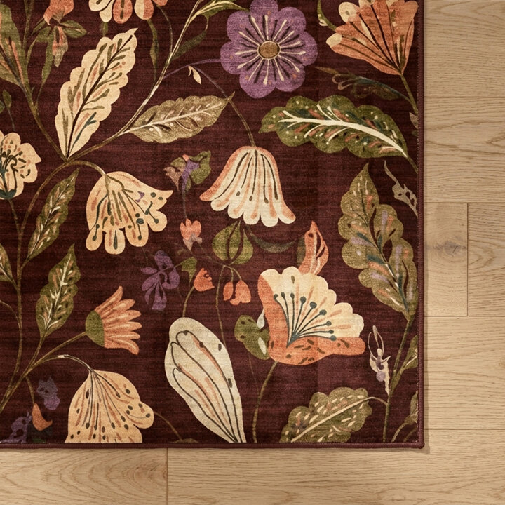 Wasbaar vloerkleed - Misty Flowers Bruin | Wasbaar