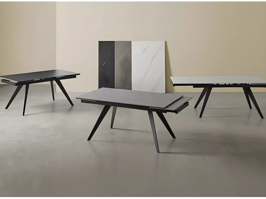 Table rectangulaire extensible plateau porcelaine et pieds métal noir Konty-Couleur Gris-Largeur 180/220/260 cm