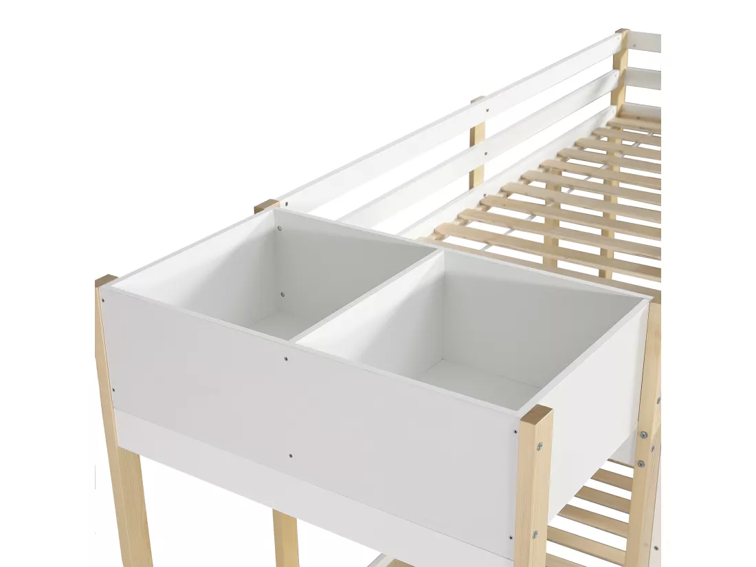 Lit superposé 90x200cm en bois - avec 1 meuble de rangement et 2 tiroirs sur roulettes - Blanc