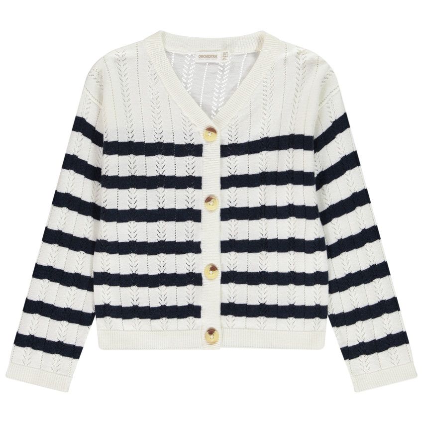 Gilet en tricot pointelle esprit marinière pour fille - Ecru