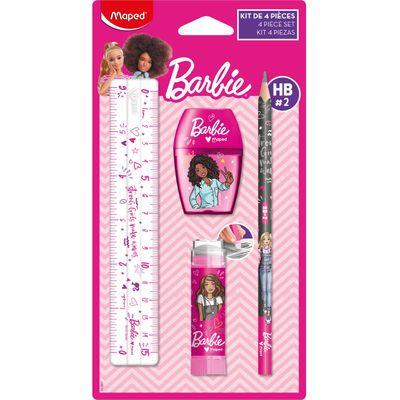 Maped Licence Barbie - Kit de traçage 4 pièces : 1 règle 15cm, 1 taille-crayons 1 trou, 1 gomme tube et 1 crayon graphite HB